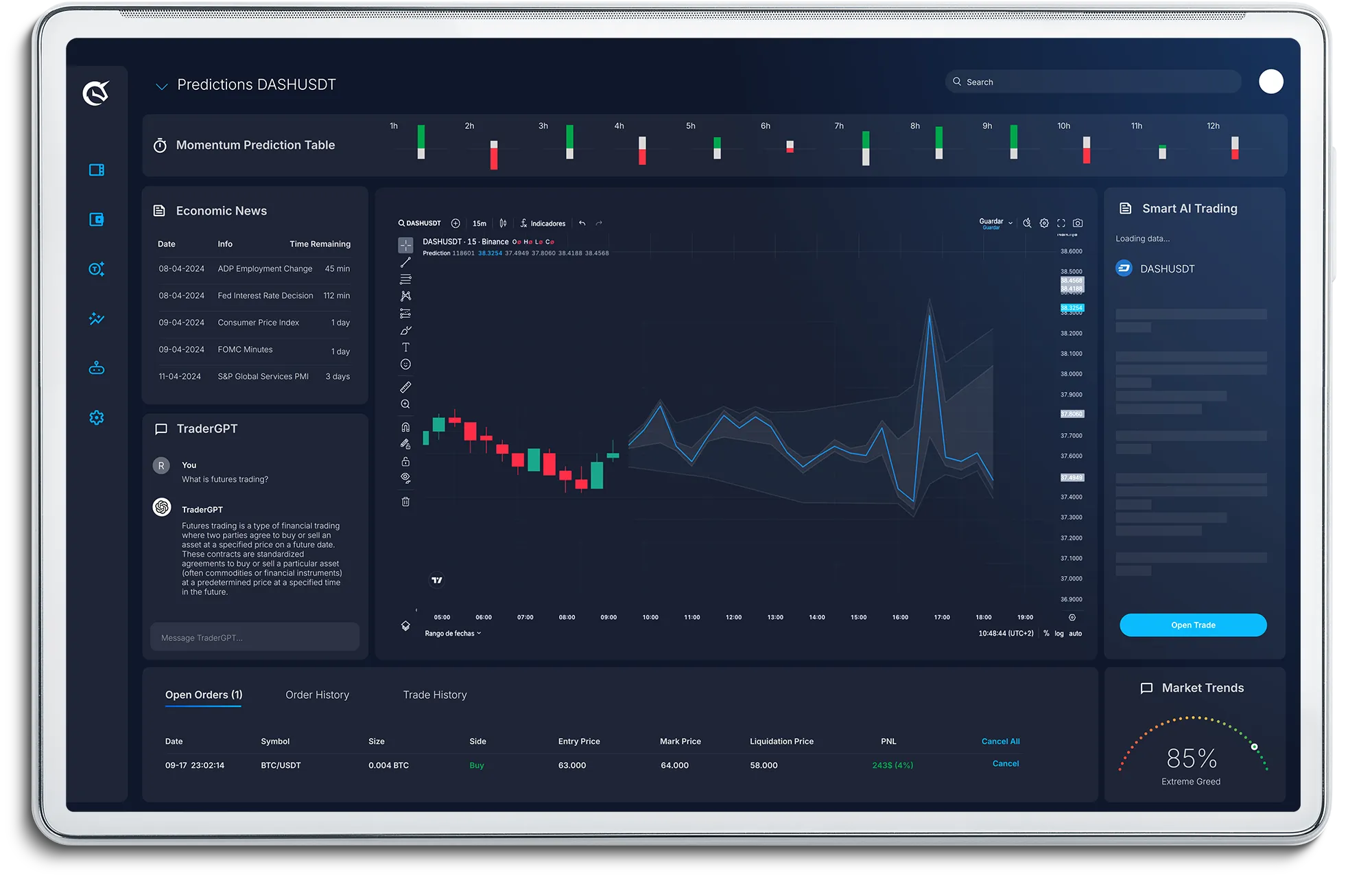 Crypticorn visualisation of the prediction dashboard with momentum, price prediction, economic news, traderGPT and more