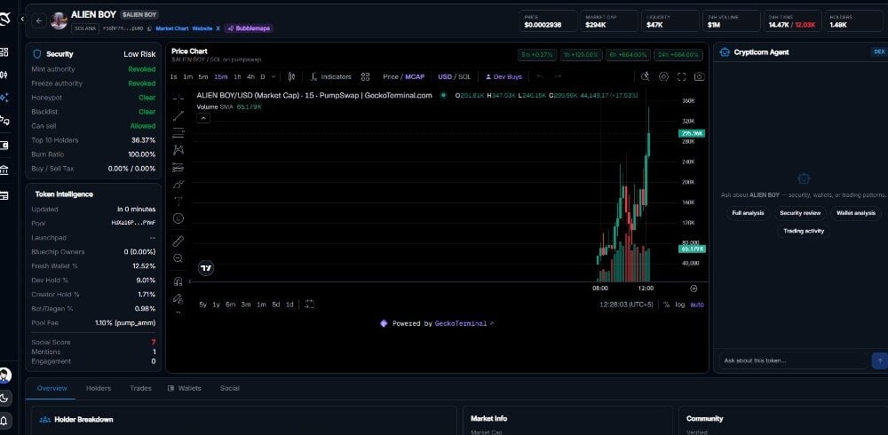 DEX token analysis with Crypticorn Agent sidebar, security summary, and holder tabs