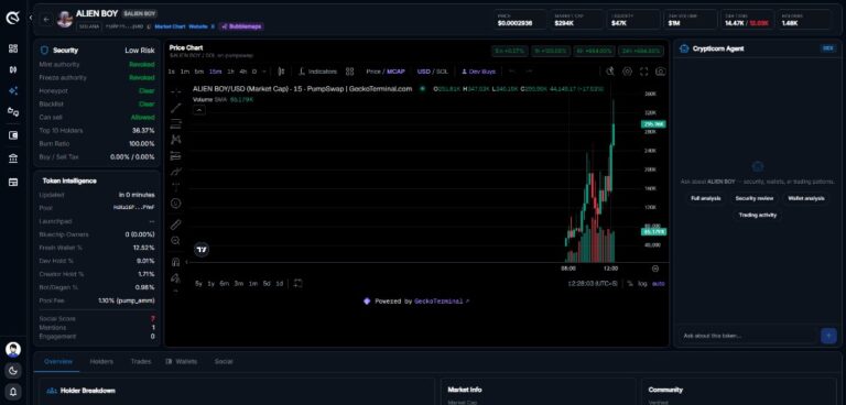 DEX token analysis with Crypticorn Agent sidebar, security summary, and holder tabs