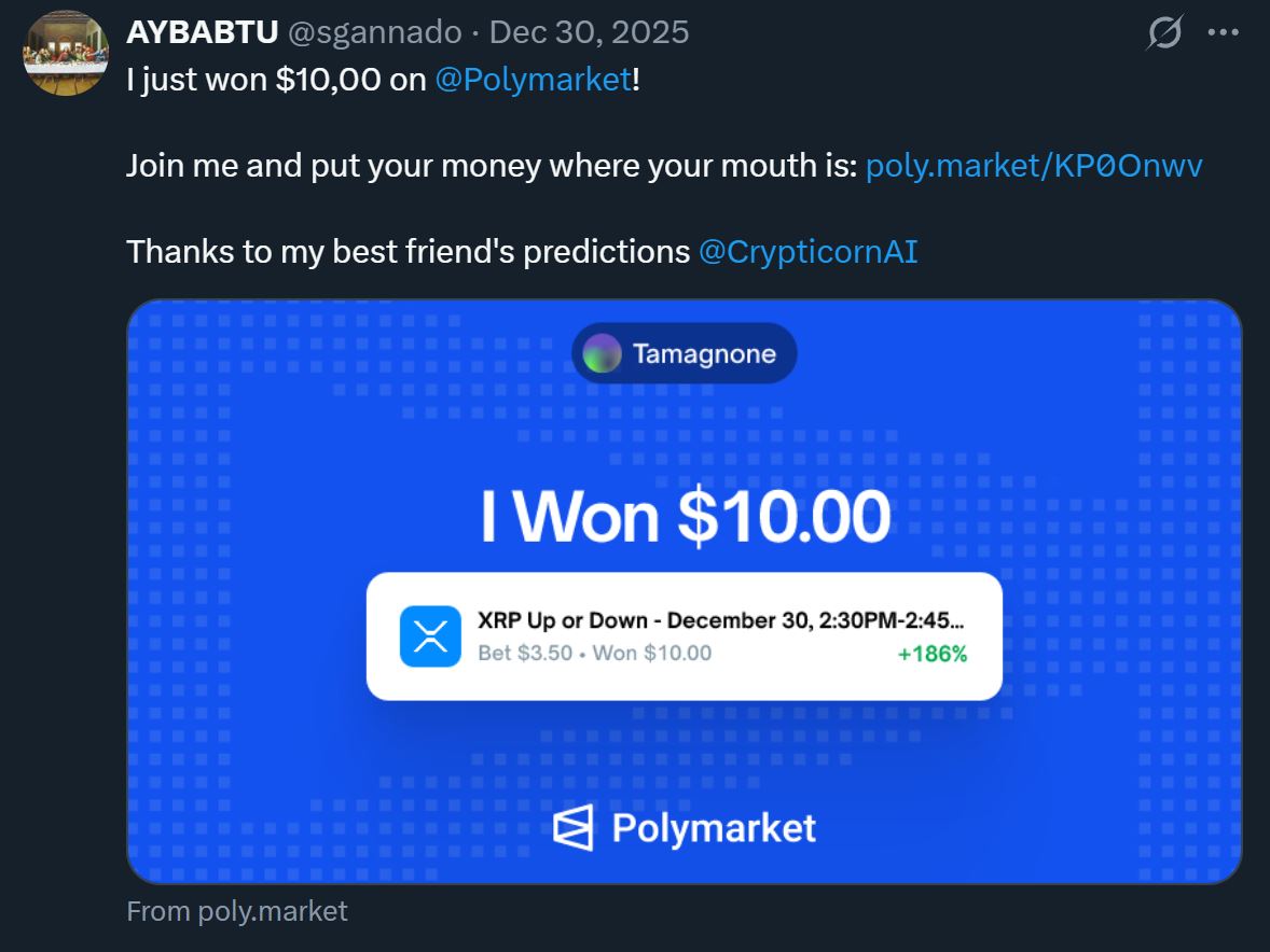 Wiining trade of a trader that combines AI with Polymarket's bitcoin up/down prediction market