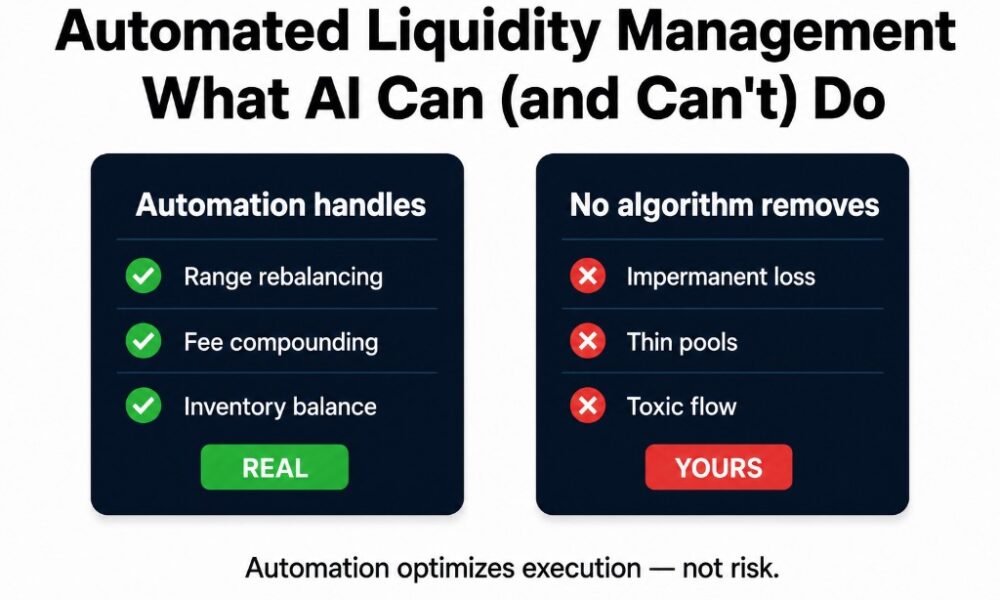 Automated liquidity management split: automation handles range rebalancing, fee compounding, and inventory balance (real) — but impermanent loss, thin pools, and toxic flow remain yours. Automation optimizes execution, not risk.