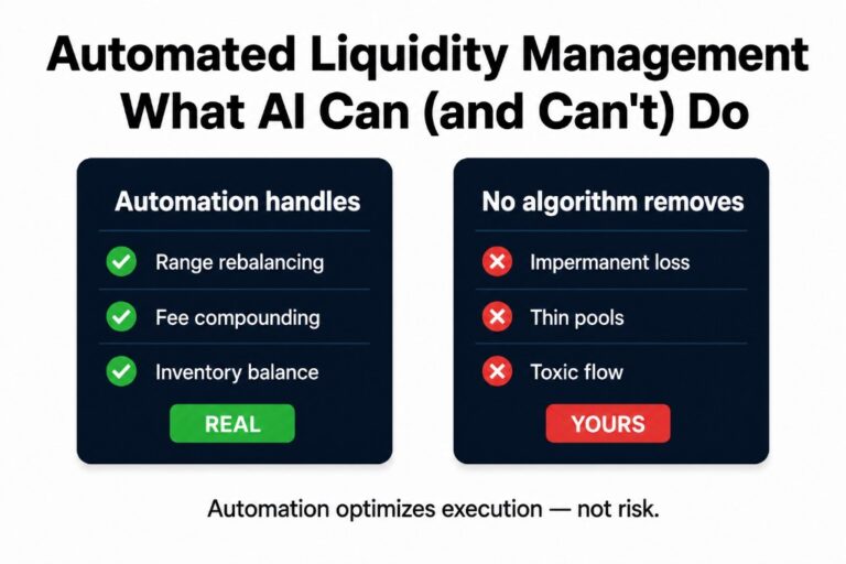 Automated liquidity management split: automation handles range rebalancing, fee compounding, and inventory balance (real) — but impermanent loss, thin pools, and toxic flow remain yours. Automation optimizes execution, not risk.