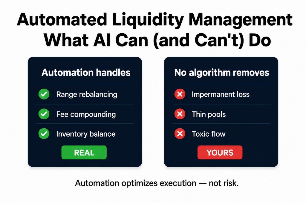 Automated liquidity management split: automation handles range rebalancing, fee compounding, and inventory balance — but impermanent loss, thin pools, and toxic flow remain yours
