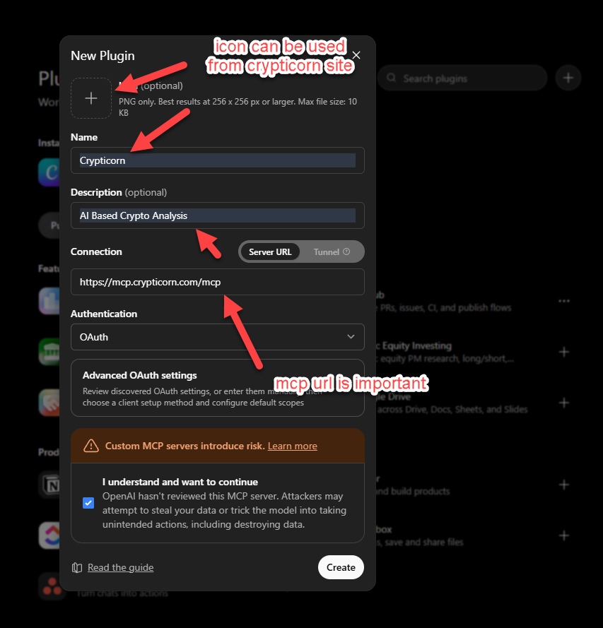 ChatGPT's New Plugin dialog filled in for Crypticorn: name, description, the MCP server URL https://mcp.crypticorn.com/mcp, OAuth authentication, and the custom MCP acknowledgment before Create