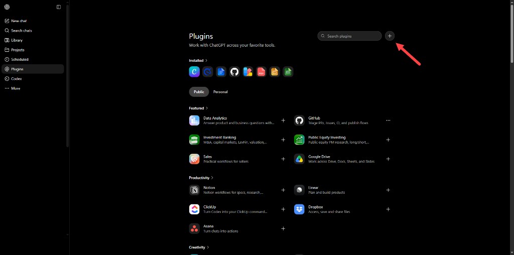 ChatGPT's Plugins page with the + button highlighted — the starting point for adding the Crypticorn app as a custom plugin