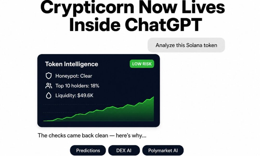 Crypticorn now lives inside ChatGPT — a chat asking to analyze a Solana token returns a Token Intelligence widget with a Low Risk verdict; Predictions, DEX AI, and Polymarket AI