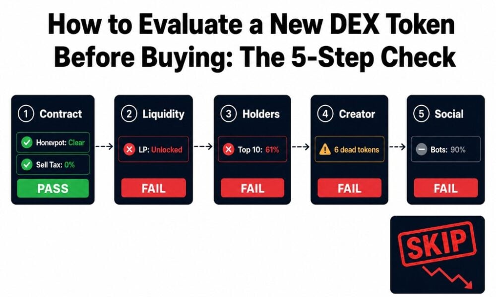 The 5-step DEX token evaluation: contract passes but liquidity, holders, creator, and social checks fail — verdict: skip