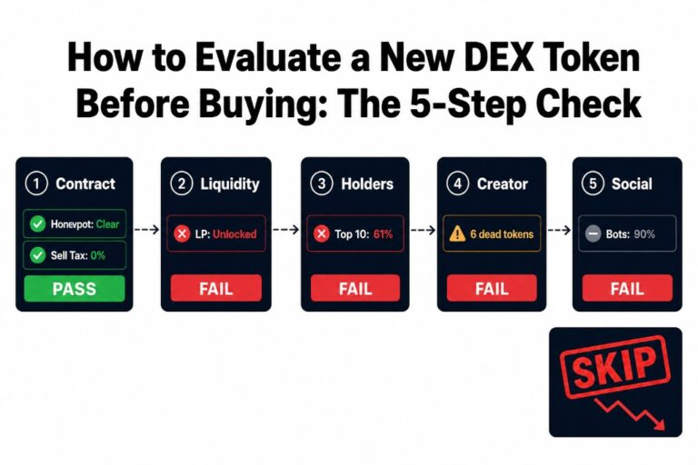The 5-step DEX token evaluation: contract passes but liquidity, holders, creator, and social checks fail — verdict: skip
