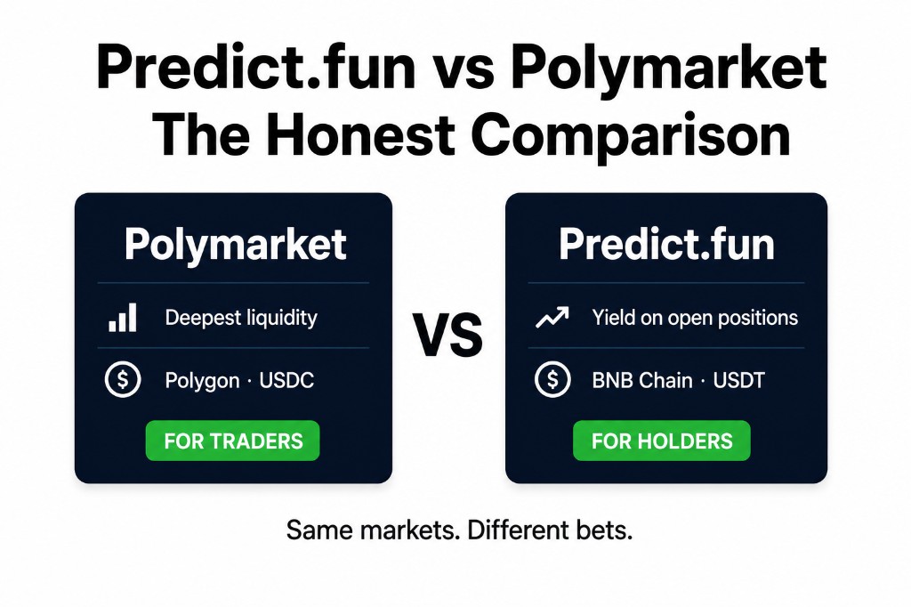 Predict.fun vs Polymarket compared: Polymarket's deepest liquidity (Polygon, USDC — for traders) versus Predict.fun's yield on open positions (BNB Chain, USDT — for holders). Same markets, different bets.