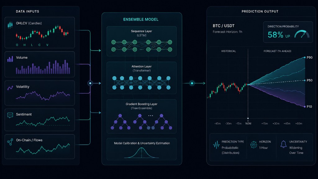 Diagram of AI crypto price prediction model inputs feeding an ensemble model and outputting a probabilistic forecast cone (P10-P90) on a BTC chart