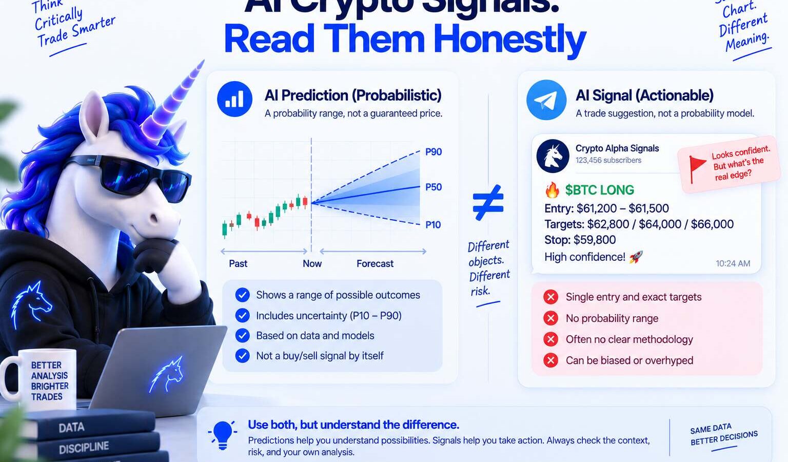AI crypto signals guide comparing probabilistic forecast bands to fixed Telegram entry packages