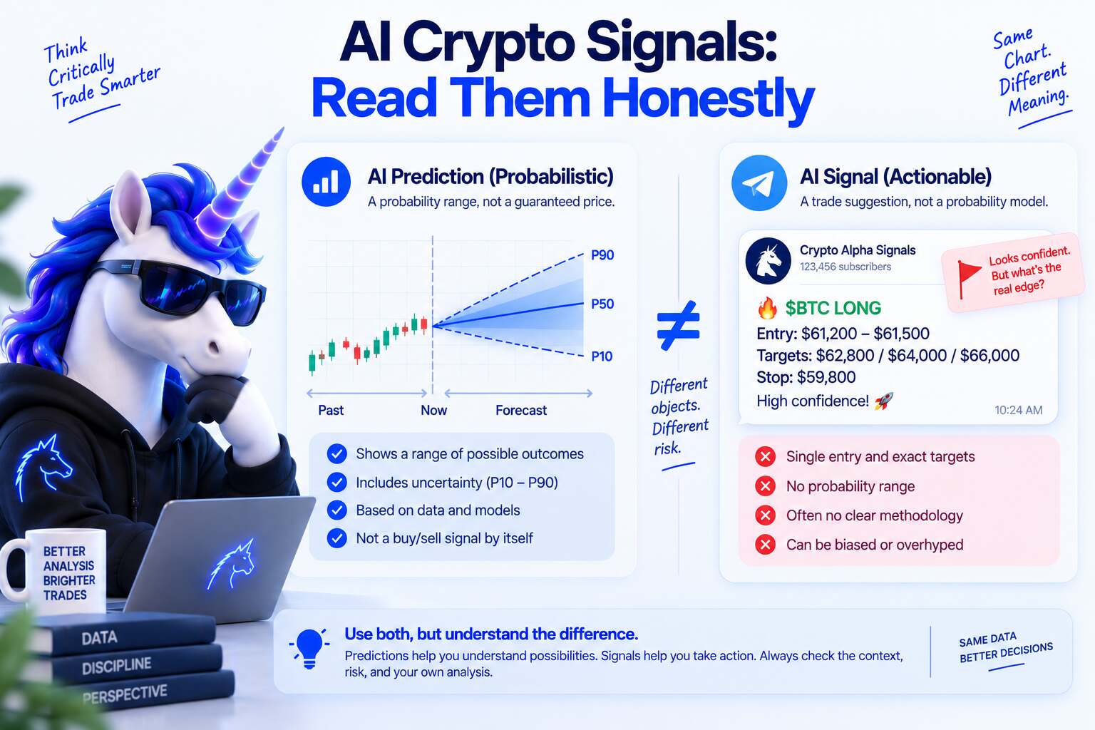 AI crypto signals guide comparing probabilistic forecast bands to fixed Telegram entry packages