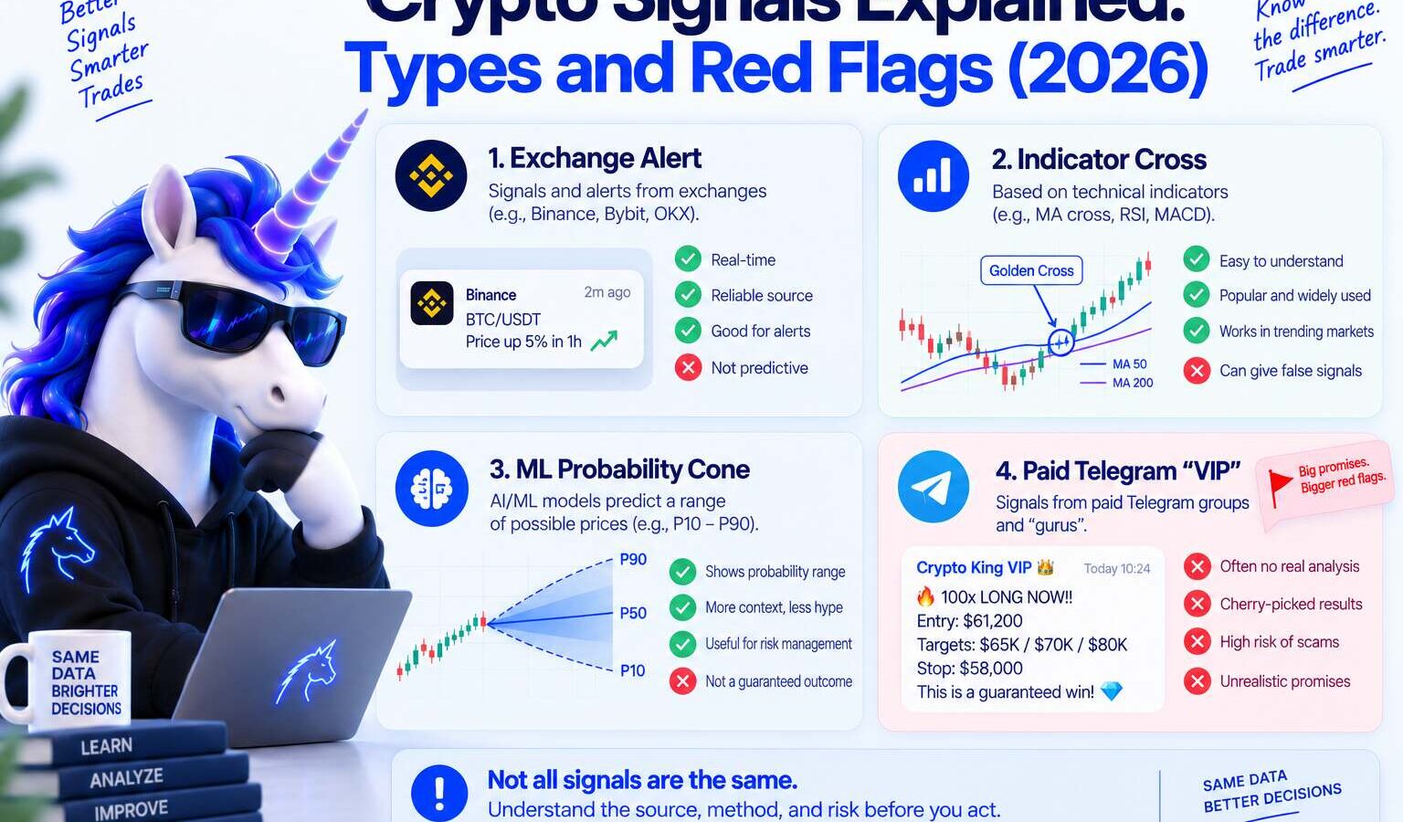 Crypto signals explained: probability cone chart versus fixed Telegram entry packages