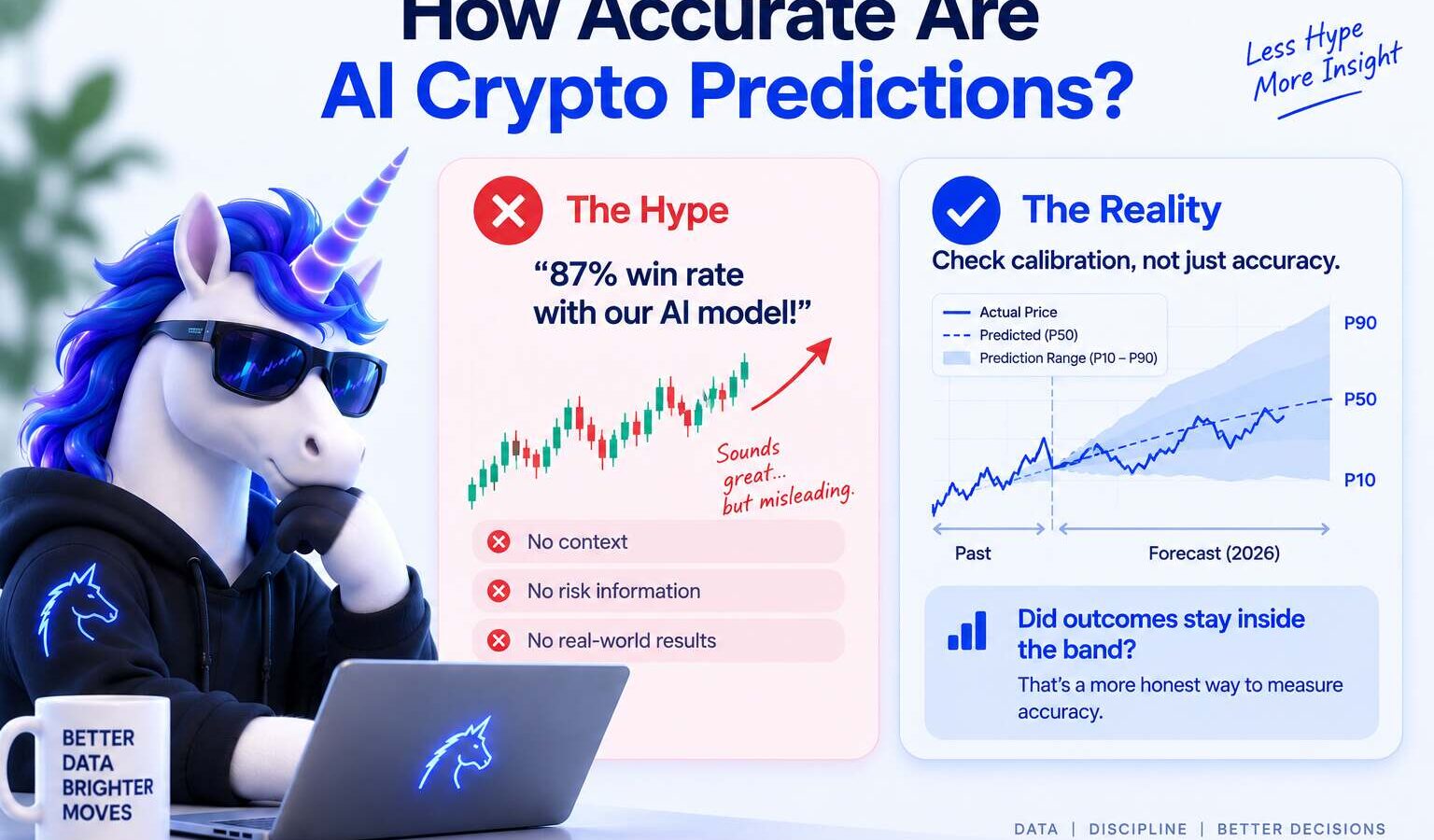 AI crypto price prediction probability cone on a chart, the honest shape of forecast accuracy is a band, not a single target