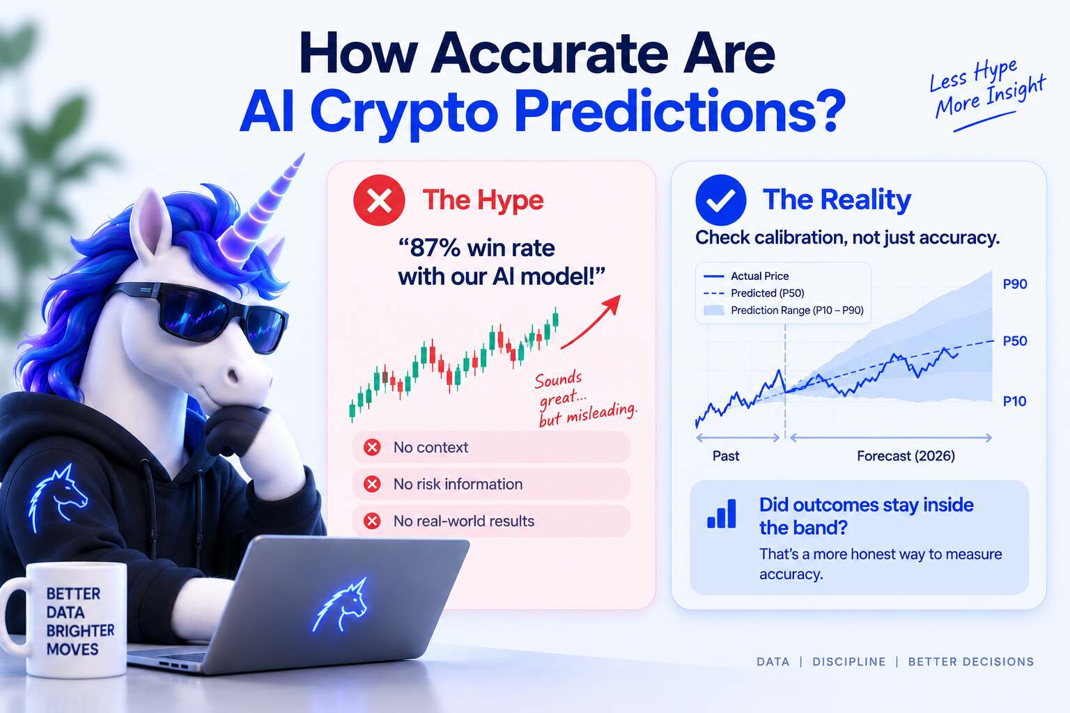 AI crypto price prediction probability cone on a chart, the honest shape of forecast accuracy is a band, not a single target