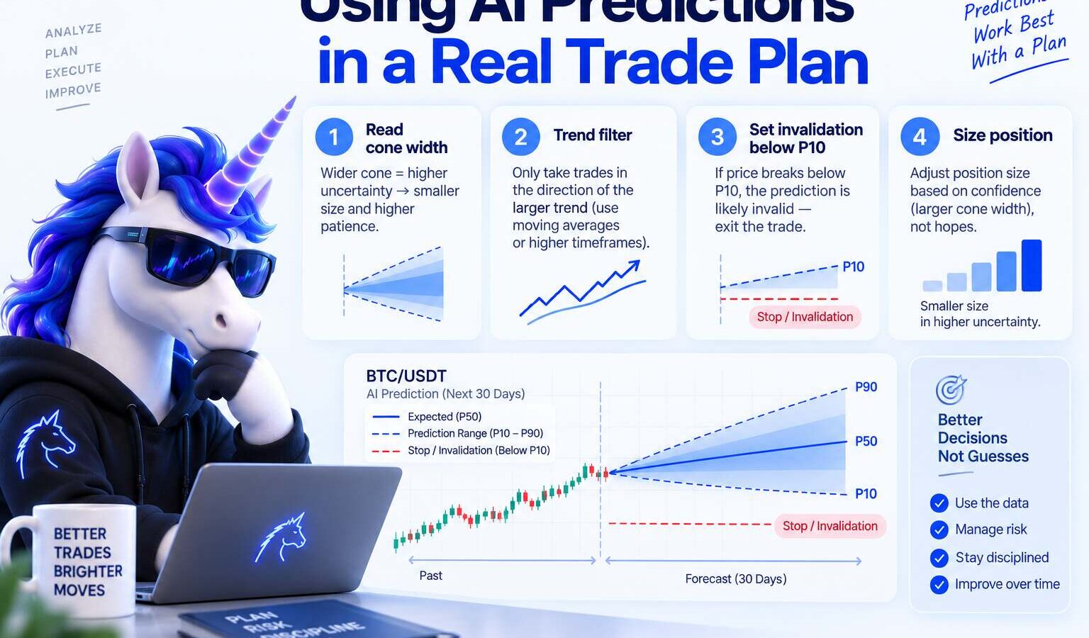 AI crypto price prediction probability cone on a chart, the honest workflow starts with the band width not a single target