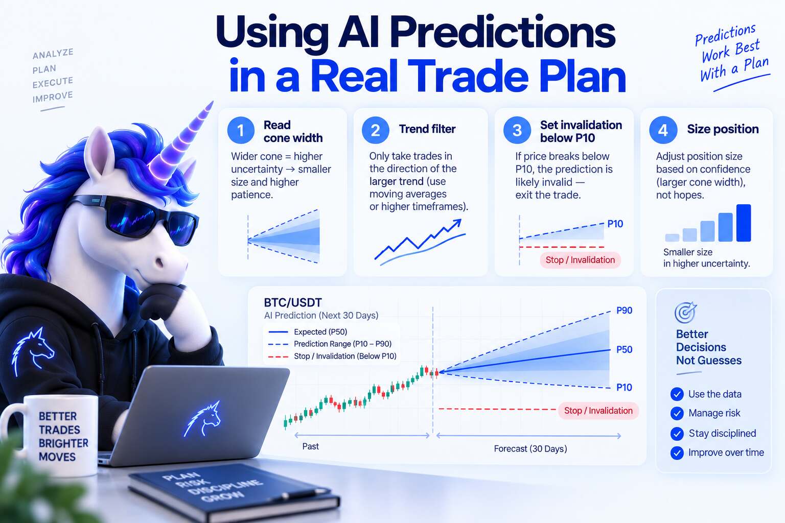 AI crypto price prediction probability cone on a chart, the honest workflow starts with the band width not a single target
