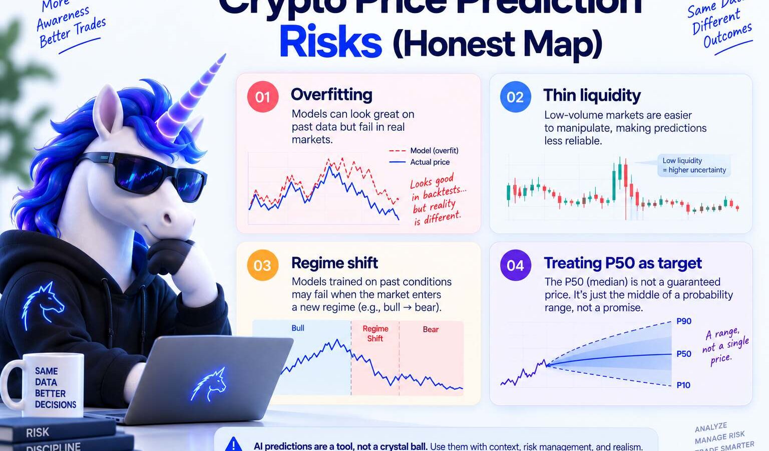 AI crypto price prediction probability cone on a chart showing P10-P90 uncertainty band