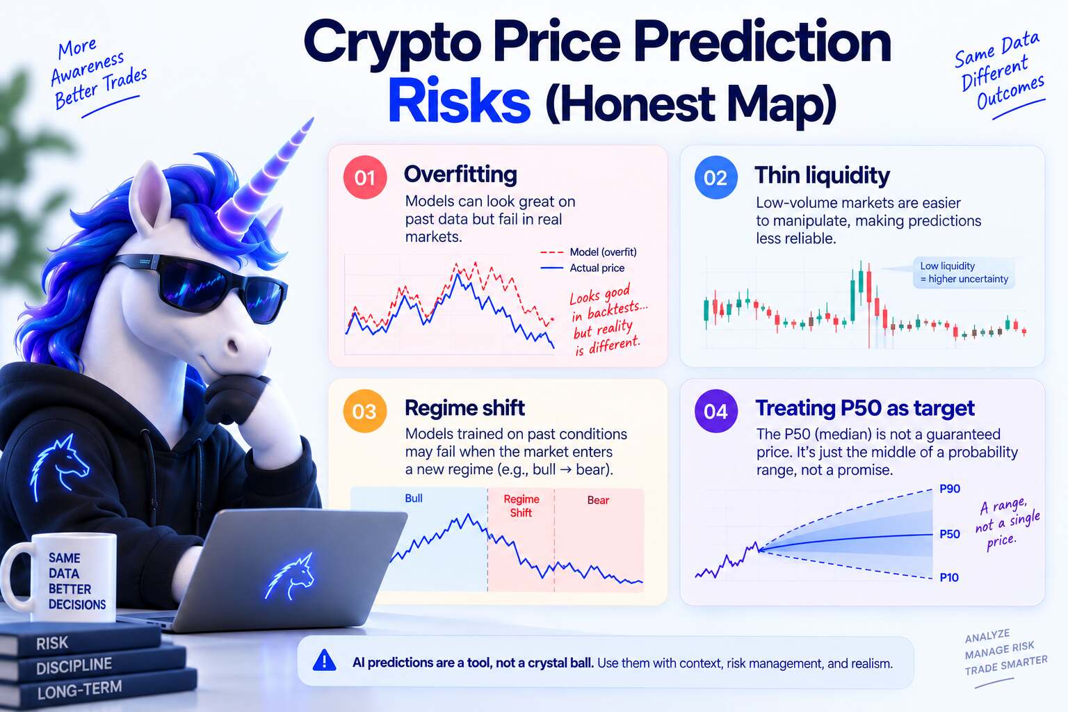 AI crypto price prediction probability cone on a chart showing P10-P90 uncertainty band