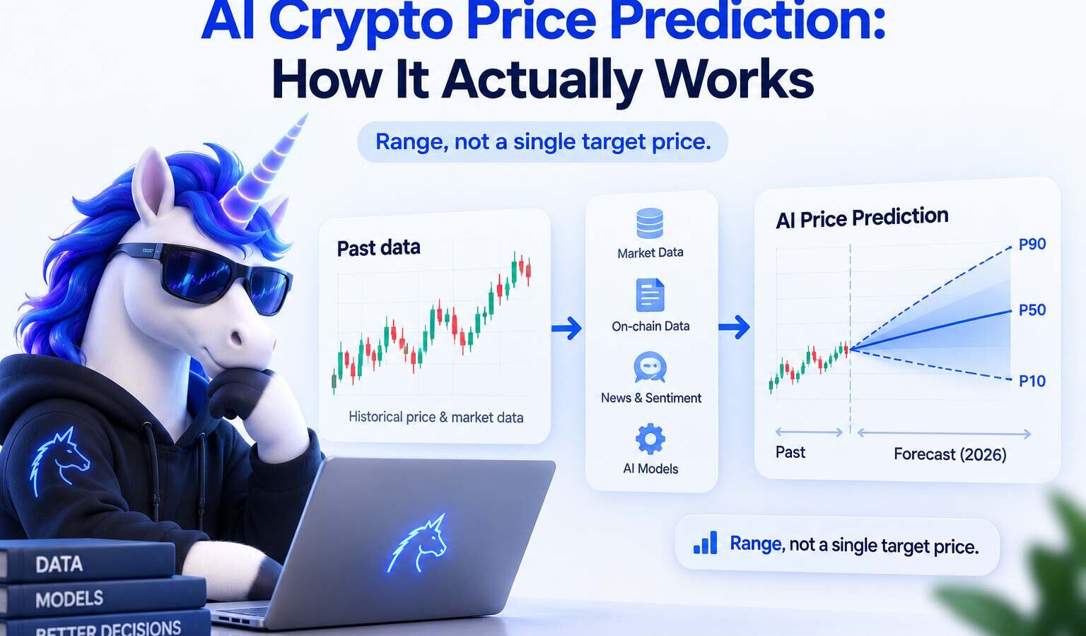 AI crypto price prediction pipeline from past candlesticks to forward probability cone with P10, P50, and P90 bands