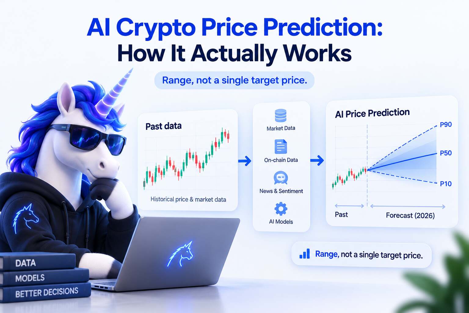 AI crypto price prediction pipeline from past candlesticks to forward probability cone with P10, P50, and P90 bands